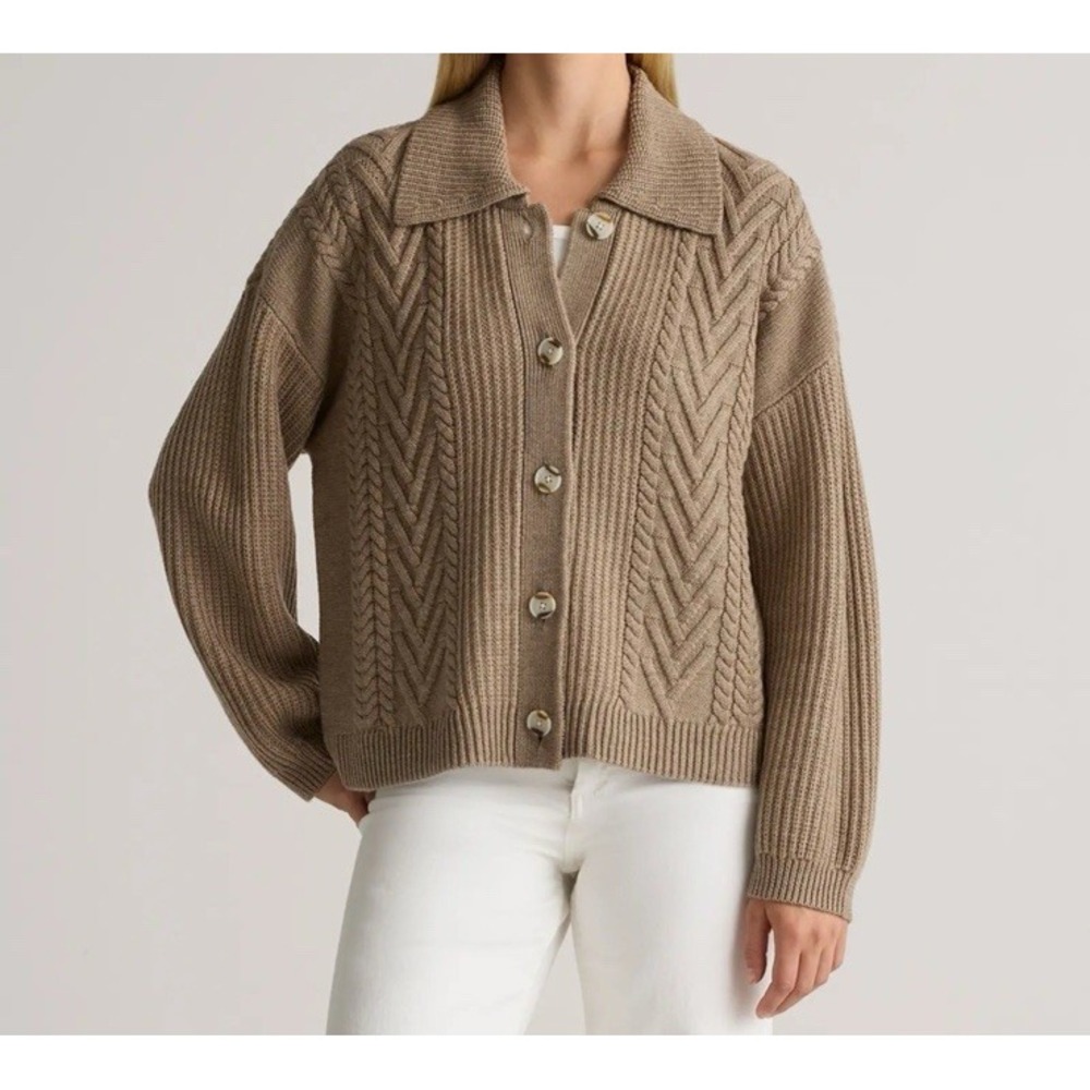 Quince Australian Merino Wool Collared Cable Cardigan Womens M Malted Toffee